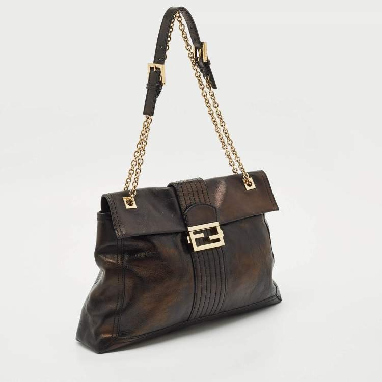 Pre Owned Fendi Black Leather Maxi Baguette Flap Shoulder Bag