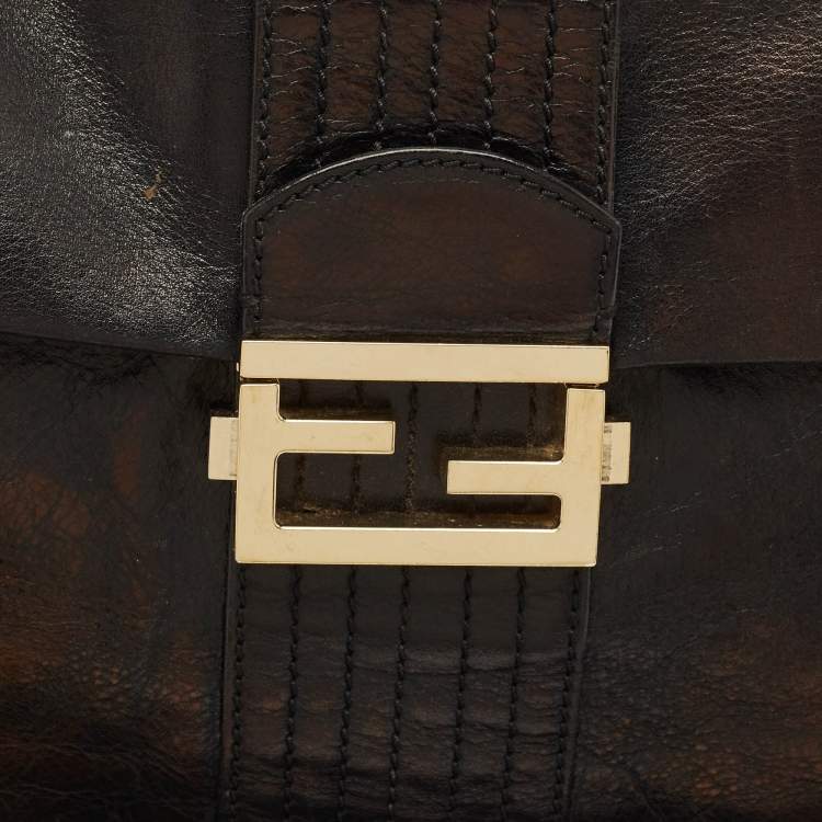 Pre Owned Fendi Black Leather Maxi Baguette Flap Shoulder Bag