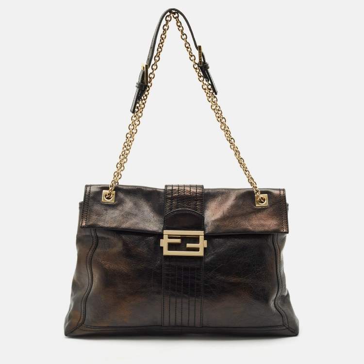 Pre Owned Fendi Black Leather Maxi Baguette Flap Shoulder Bag