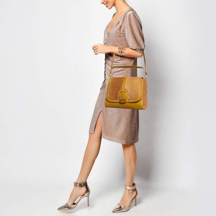 Pre Owned Fendi Tricolor Leather and Crocodile Medium Anna Top Handle Bag