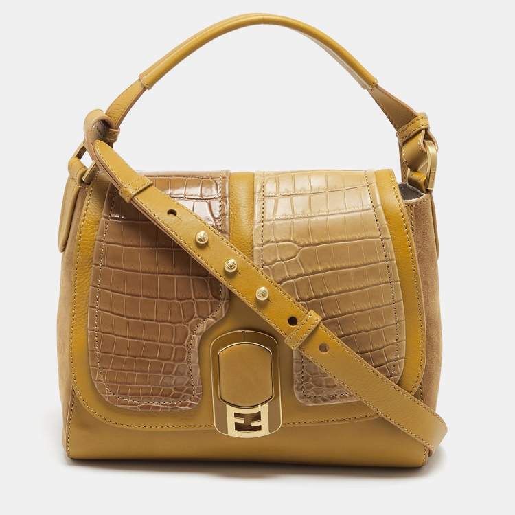 Pre Owned Fendi Tricolor Leather and Crocodile Medium Anna Top Handle Bag