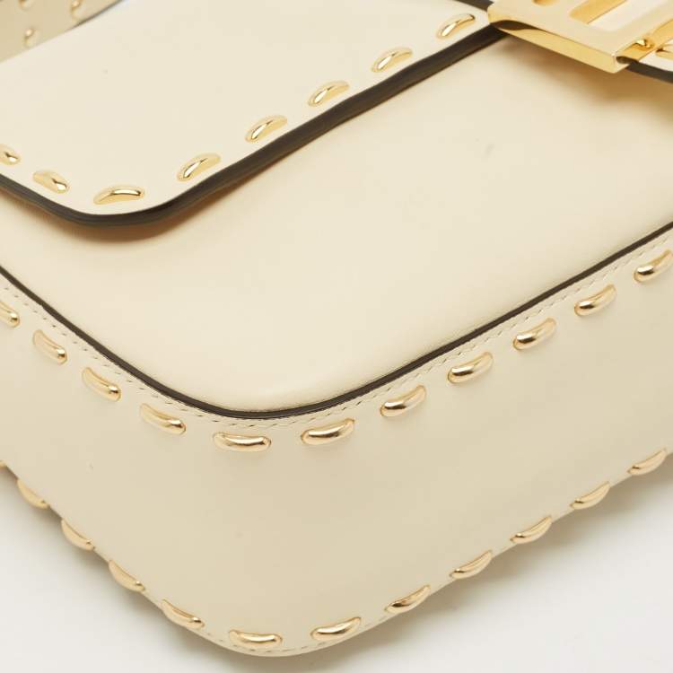 Pre Owned Fendi Cream Leather Medium Studded Baguette Bag