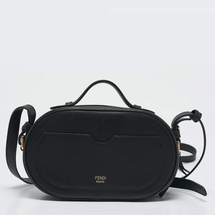 Pre Owned Fendi Black/Natural Leather and Raffia Mini FF O'Lock Camera Case Crossbody Bag
