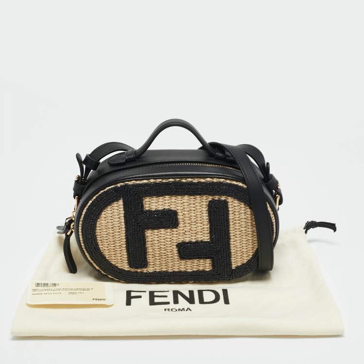 Pre Owned Fendi Black/Natural Leather and Raffia Mini FF O'Lock Camera Case Crossbody Bag