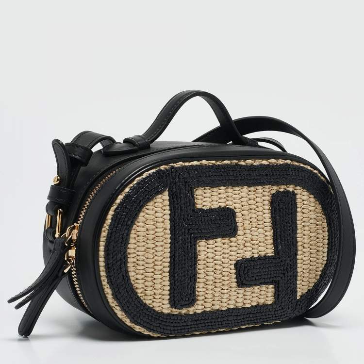 Pre Owned Fendi Black/Natural Leather and Raffia Mini FF O'Lock Camera Case Crossbody Bag