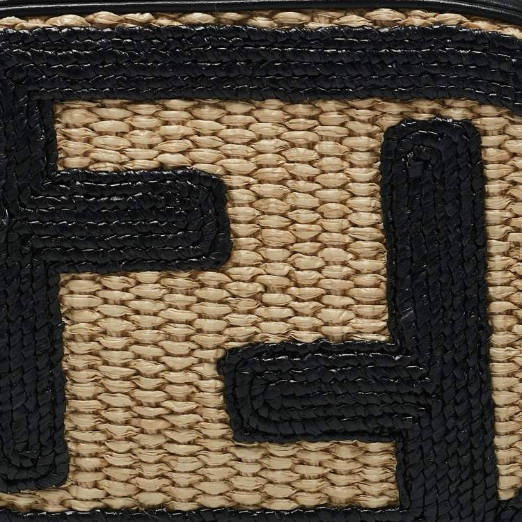 Pre Owned Fendi Black/Natural Leather and Raffia Mini FF O'Lock Camera Case Crossbody Bag