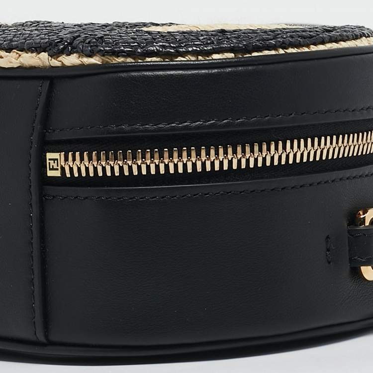 Pre Owned Fendi Black/Natural Leather and Raffia Mini FF O'Lock Camera Case Crossbody Bag