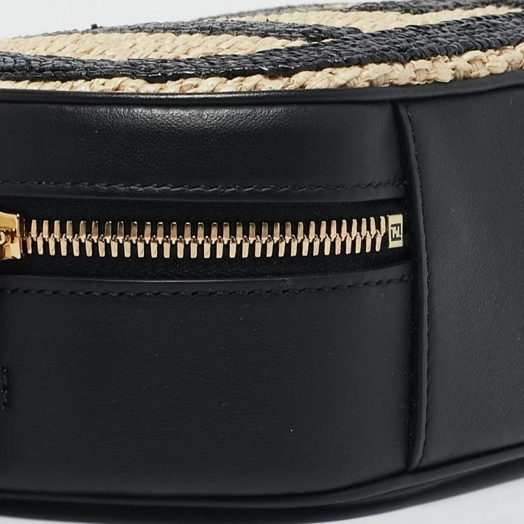 Pre Owned Fendi Black/Natural Leather and Raffia Mini FF O'Lock Camera Case Crossbody Bag