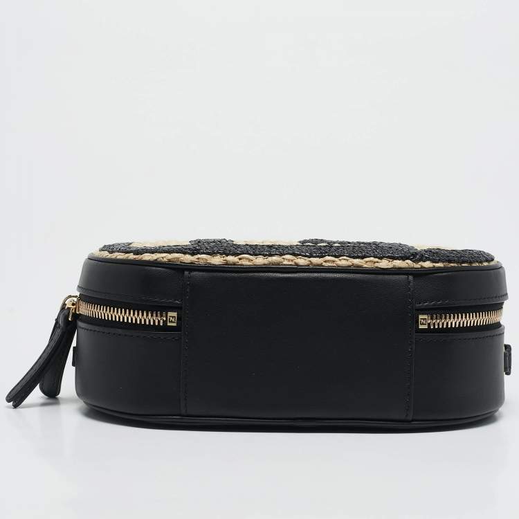 Pre Owned Fendi Black/Natural Leather and Raffia Mini FF O'Lock Camera Case Crossbody Bag