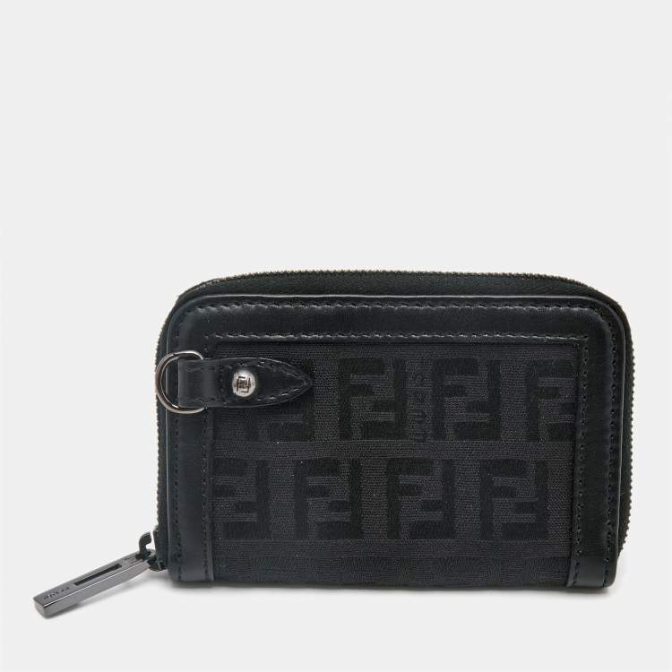 Pre Owned Fendi Black Zucchino Fabric and Leather Zip Coin Purse