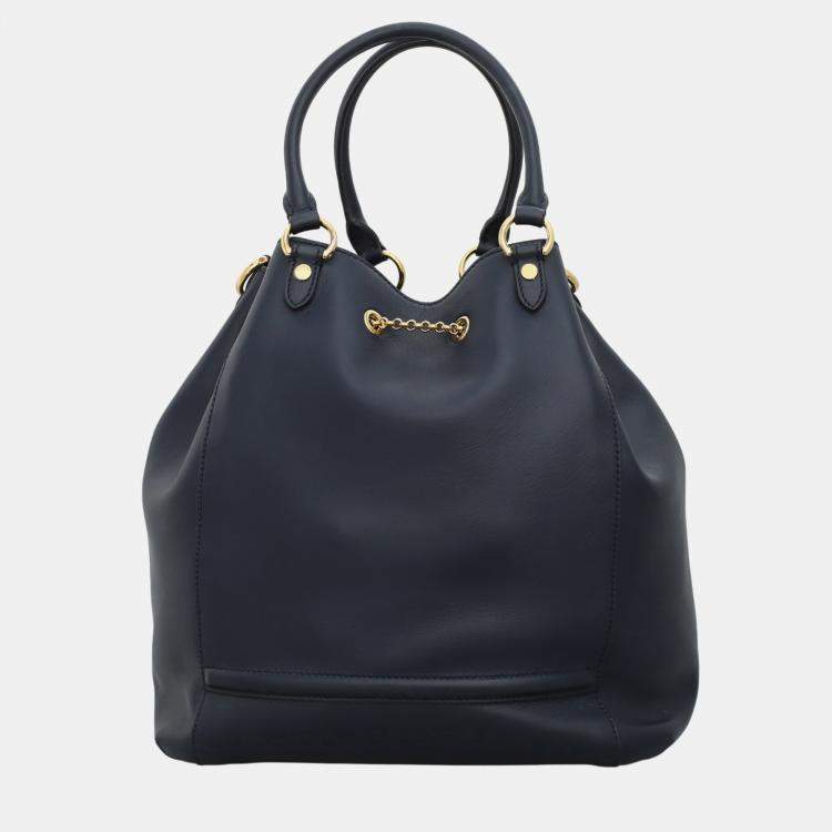 Pre Owned Fendi Dark Blue Leather Karligraphy Chain Medium Bucket Bag