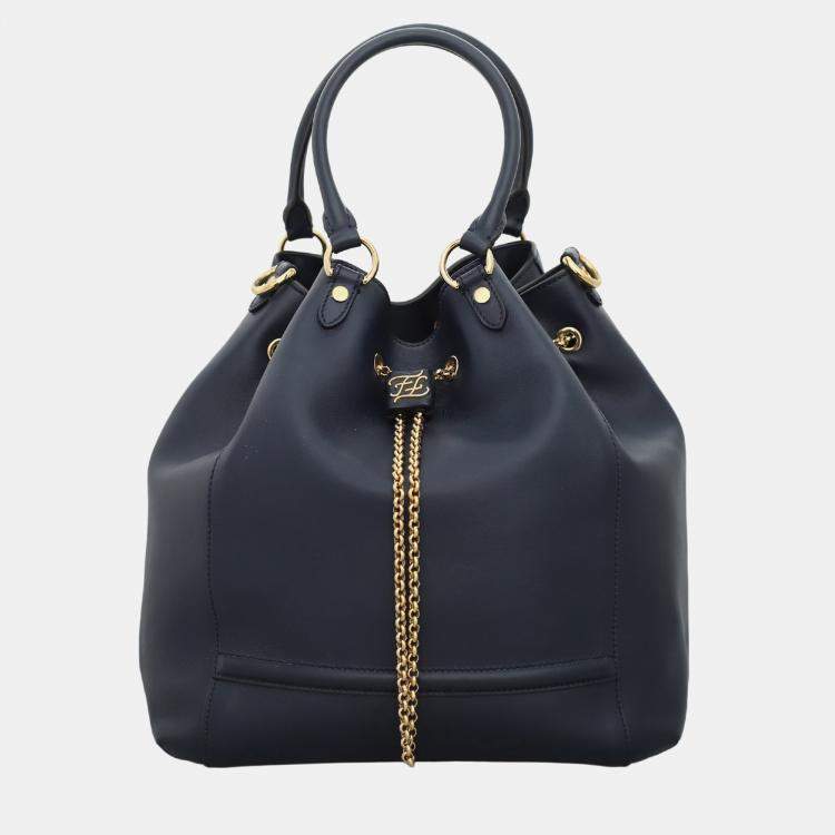 Pre Owned Fendi Dark Blue Leather Karligraphy Chain Medium Bucket Bag