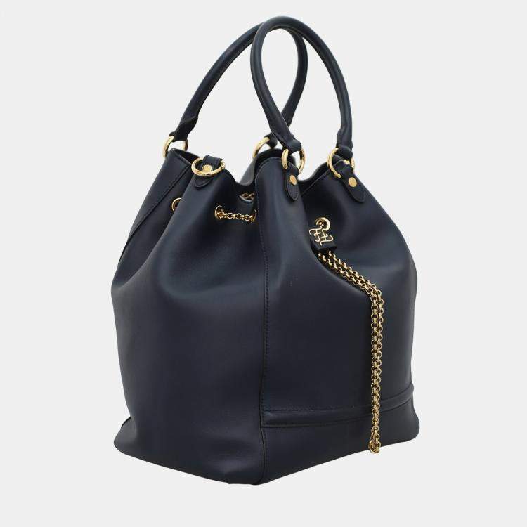 Pre Owned Fendi Dark Blue Leather Karligraphy Chain Medium Bucket Bag
