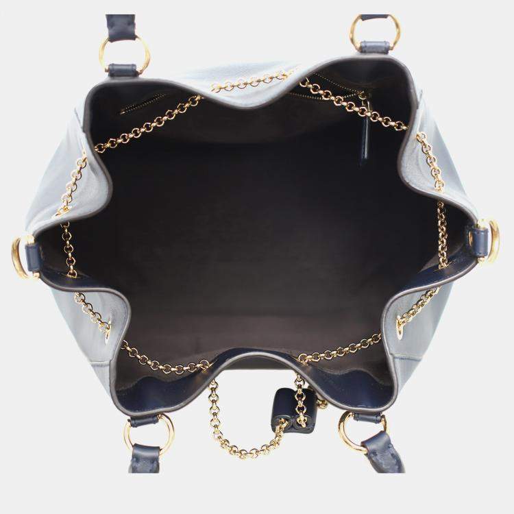 Pre Owned Fendi Dark Blue Leather Karligraphy Chain Medium Bucket Bag