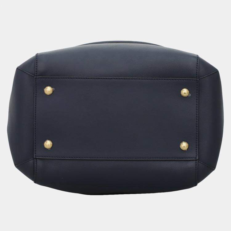 Pre Owned Fendi Dark Blue Leather Karligraphy Chain Medium Bucket Bag