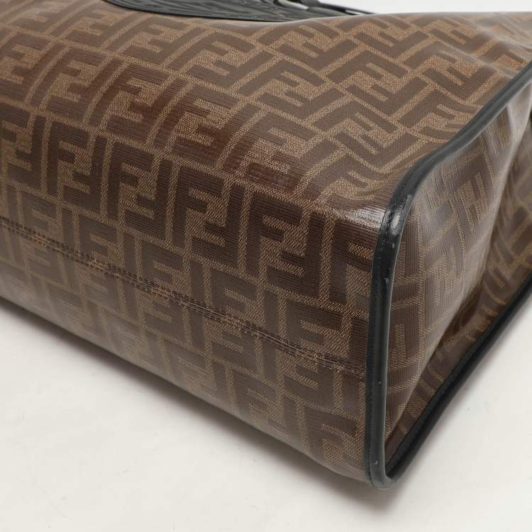 Pre Owned Fendi Tobacco/Black Zucca Coated Canvas and Leather Medium Runaway Shopper Tote