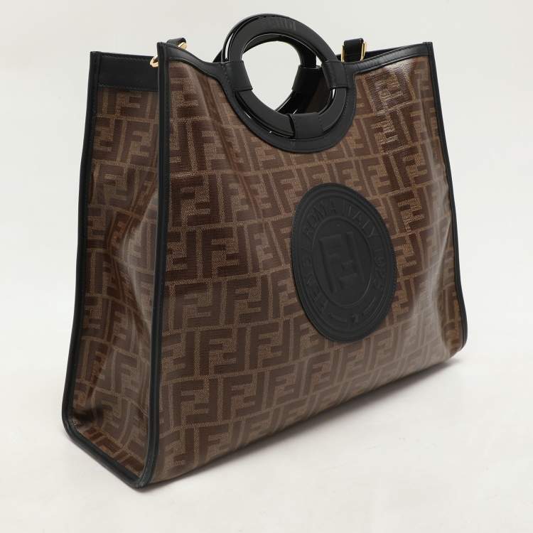 Pre Owned Fendi Tobacco/Black Zucca Coated Canvas and Leather Medium Runaway Shopper Tote