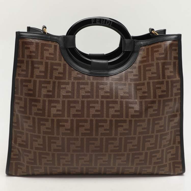 Pre Owned Fendi Tobacco/Black Zucca Coated Canvas and Leather Medium Runaway Shopper Tote