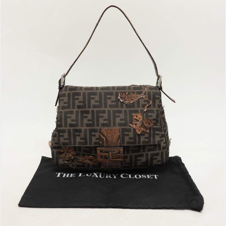 Pre Owned Fendi Brown Zucca Canvas and Python Embellished Mama Forever Shoulder Bag