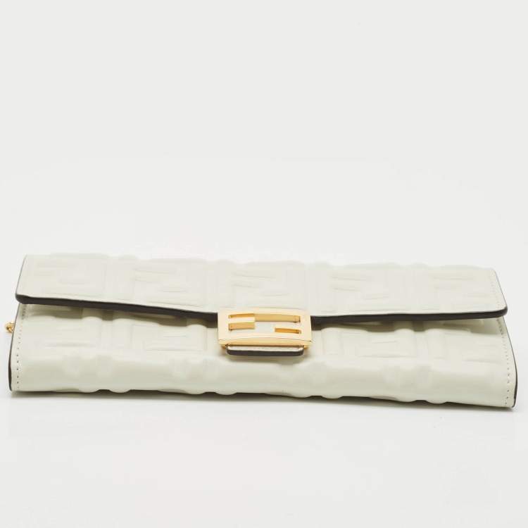 Pre Owned Fendi White Zucca Embossed Leather Baguette Wallet On Chain