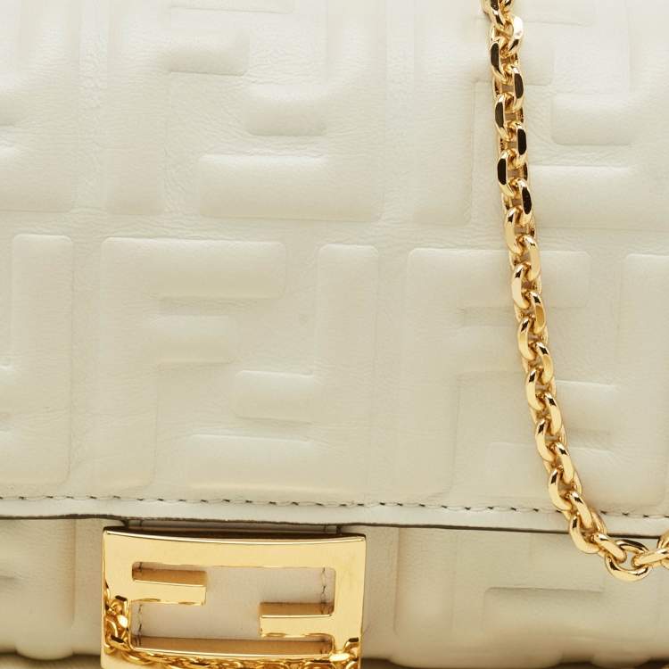 Pre Owned Fendi White Zucca Embossed Leather Baguette Wallet On Chain