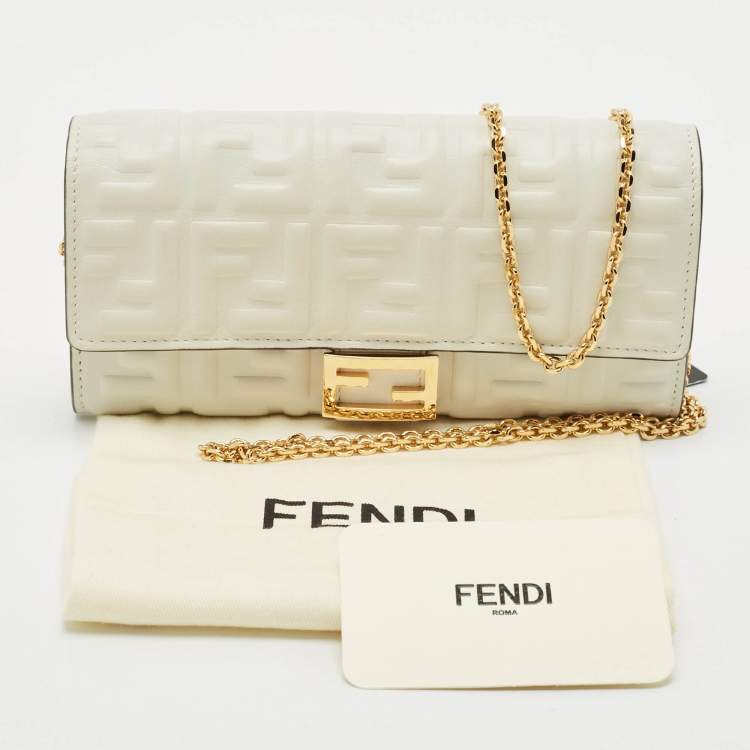 Pre Owned Fendi White Zucca Embossed Leather Baguette Wallet On Chain