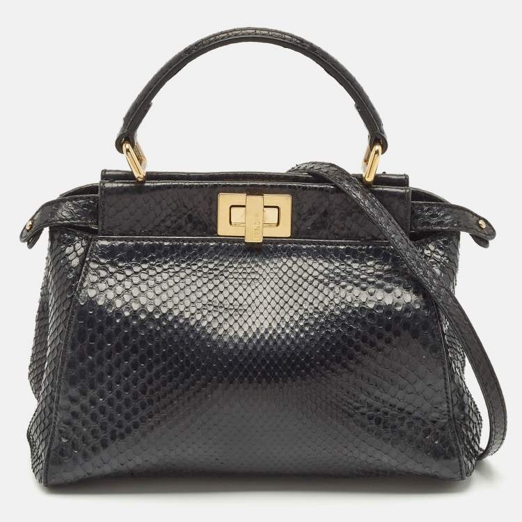 Pre Owned Fendi Black Python Mini Peekaboo Top Handle Bag