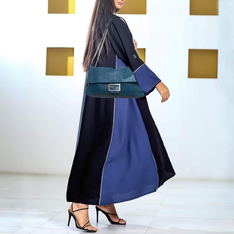 Pre Owned Fendi Blue Leather Large Baguette Chain Shoulder Bag
