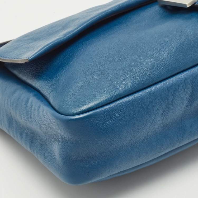 Pre Owned Fendi Blue Leather Large Baguette Chain Shoulder Bag