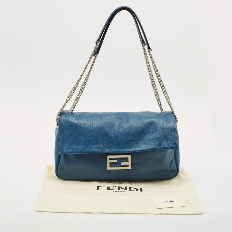 Pre Owned Fendi Blue Leather Large Baguette Chain Shoulder Bag