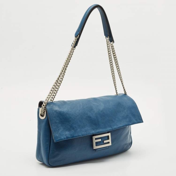 Pre Owned Fendi Blue Leather Large Baguette Chain Shoulder Bag