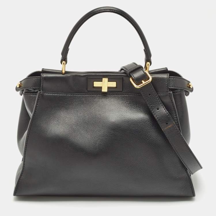 Pre Owned Fendi Black Leather Medium Peekaboo Top Handle Bag