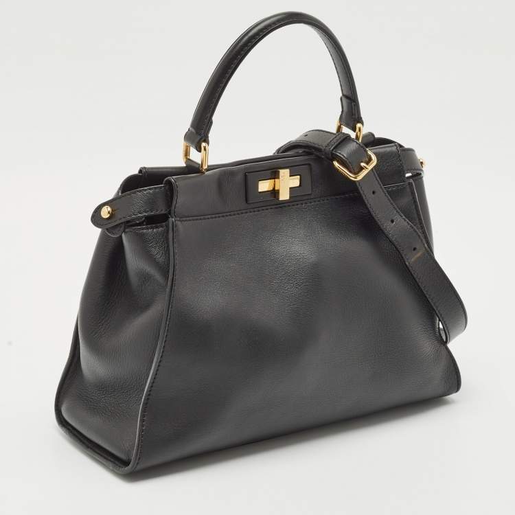 Pre Owned Fendi Black Leather Medium Peekaboo Top Handle Bag