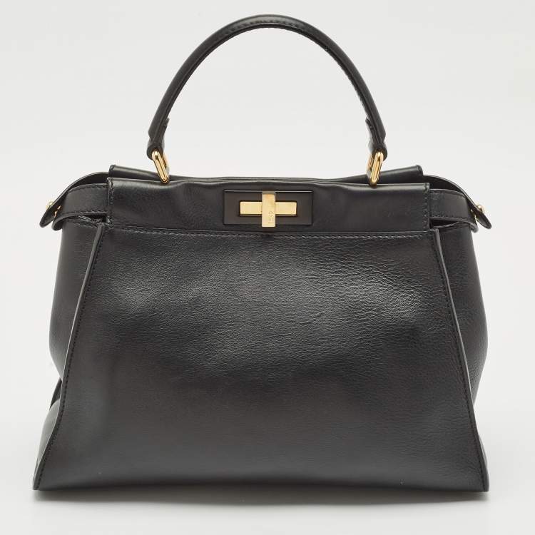 Pre Owned Fendi Black Leather Medium Peekaboo Top Handle Bag