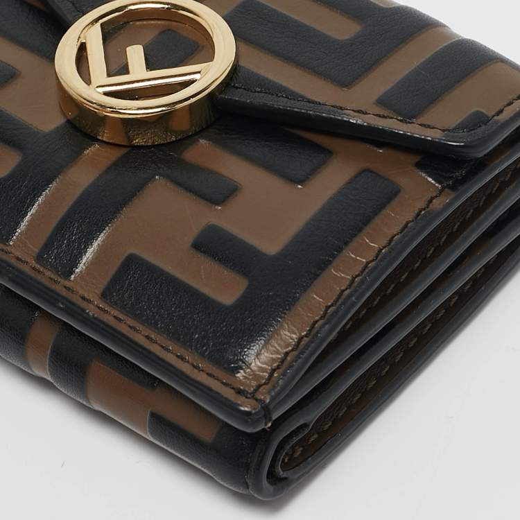 Pre Owned Fendi Tobacco/Black Zucca Leather Micro F Trifold Wallet