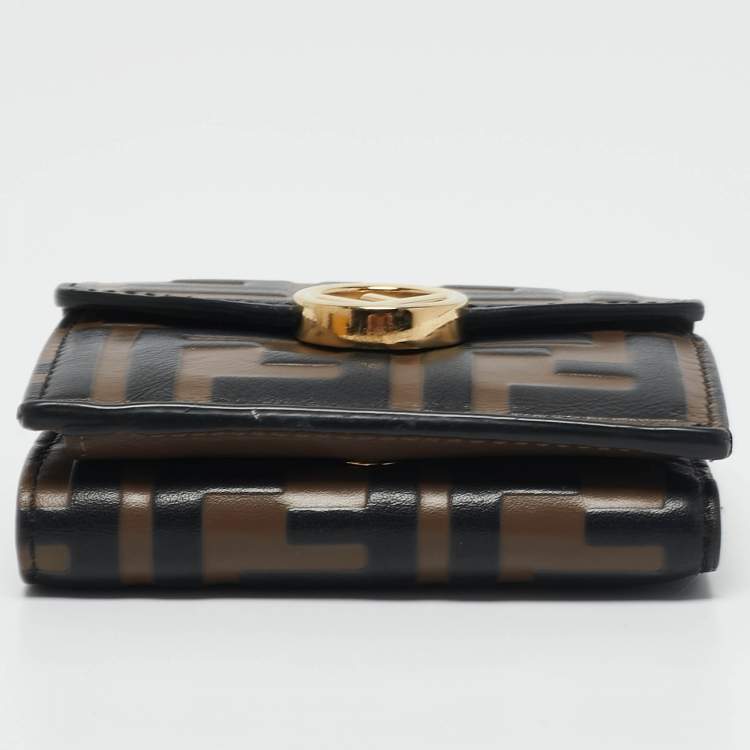 Pre Owned Fendi Tobacco/Black Zucca Leather Micro F Trifold Wallet