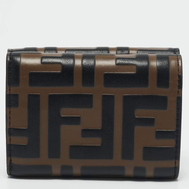 Pre Owned Fendi Tobacco/Black Zucca Leather Micro F Trifold Wallet