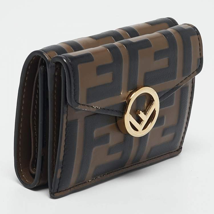 Pre Owned Fendi Tobacco/Black Zucca Leather Micro F Trifold Wallet