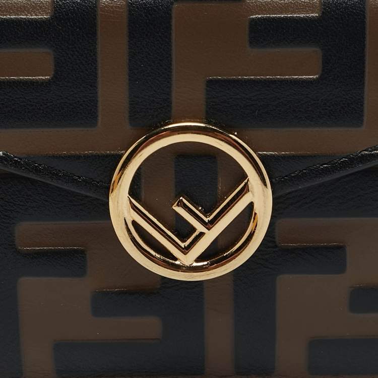Pre Owned Fendi Tobacco/Black Zucca Leather Micro F Trifold Wallet