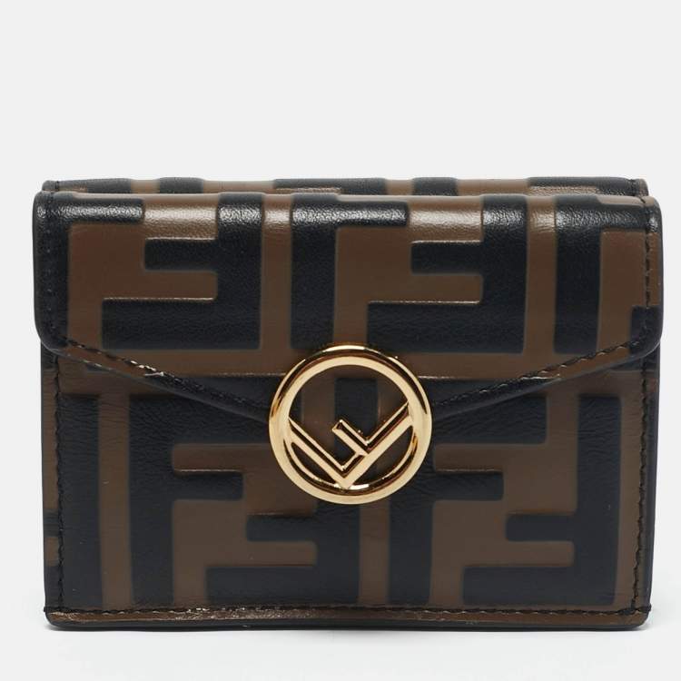 Pre Owned Fendi Tobacco/Black Zucca Leather Micro F Trifold Wallet