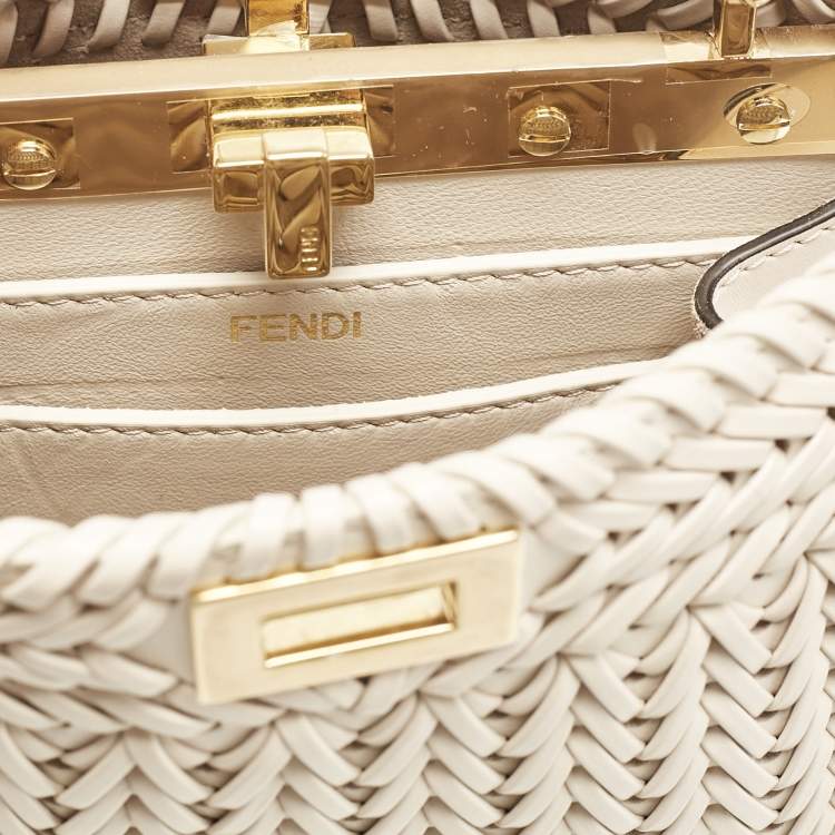 Pre Owned Fendi Light Beige Braided Leather Petite Peekaboo ISeeU Top Handle Bag