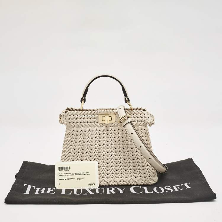 Pre Owned Fendi Light Beige Braided Leather Petite Peekaboo ISeeU Top Handle Bag