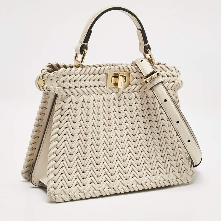 Pre Owned Fendi Light Beige Braided Leather Petite Peekaboo ISeeU Top Handle Bag