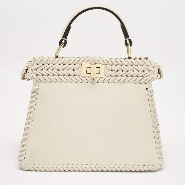 Pre Owned Fendi Light Beige Braided Leather Petite Peekaboo ISeeU Top Handle Bag