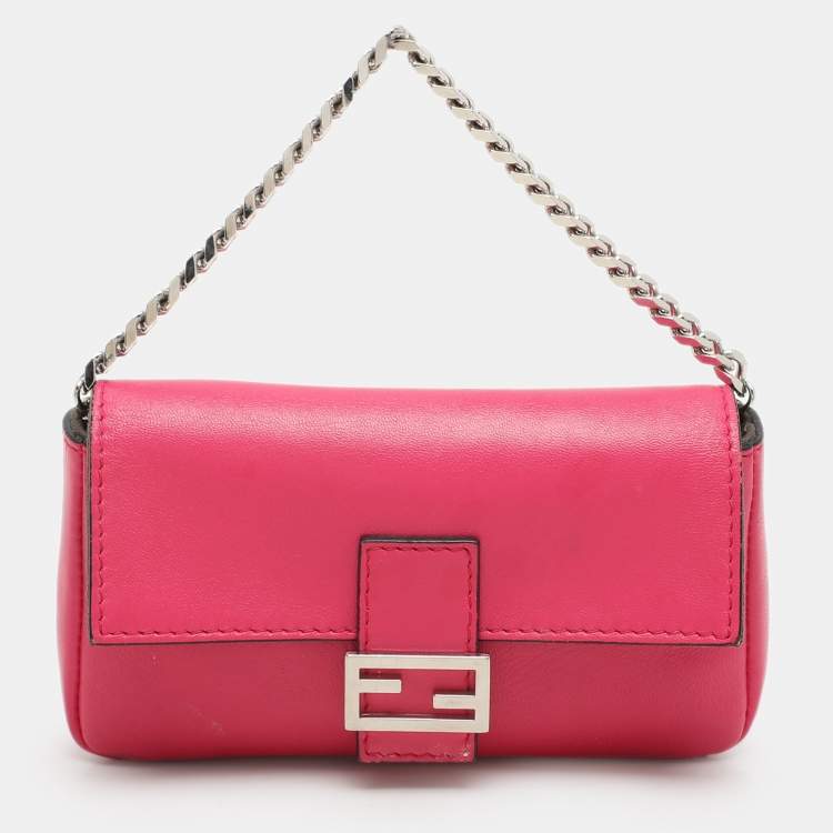 Pre Owned Fendi Pink Leather Micro Baguette Bag