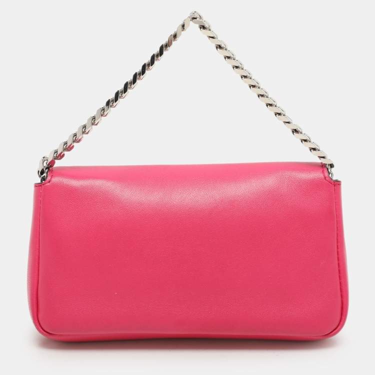 Pre Owned Fendi Pink Leather Micro Baguette Bag