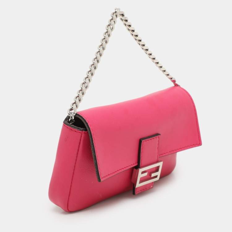 Pre Owned Fendi Pink Leather Micro Baguette Bag