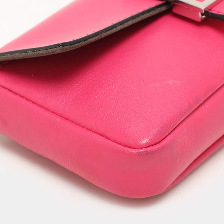 Pre Owned Fendi Pink Leather Micro Baguette Bag