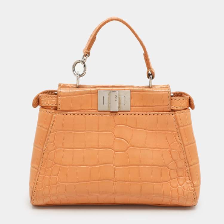 Pre Owned Fendi Brown Crocodile Micro Peekaboo Top Handle Bag