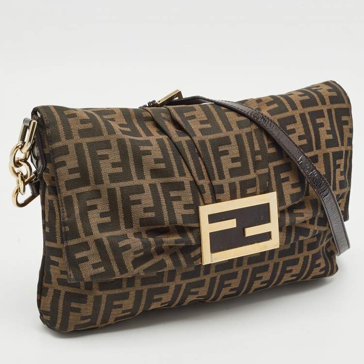 Pre Owned Fendi Tobacco Zucca Canvas and Patent Leather Mia Flap Shoulder Bag